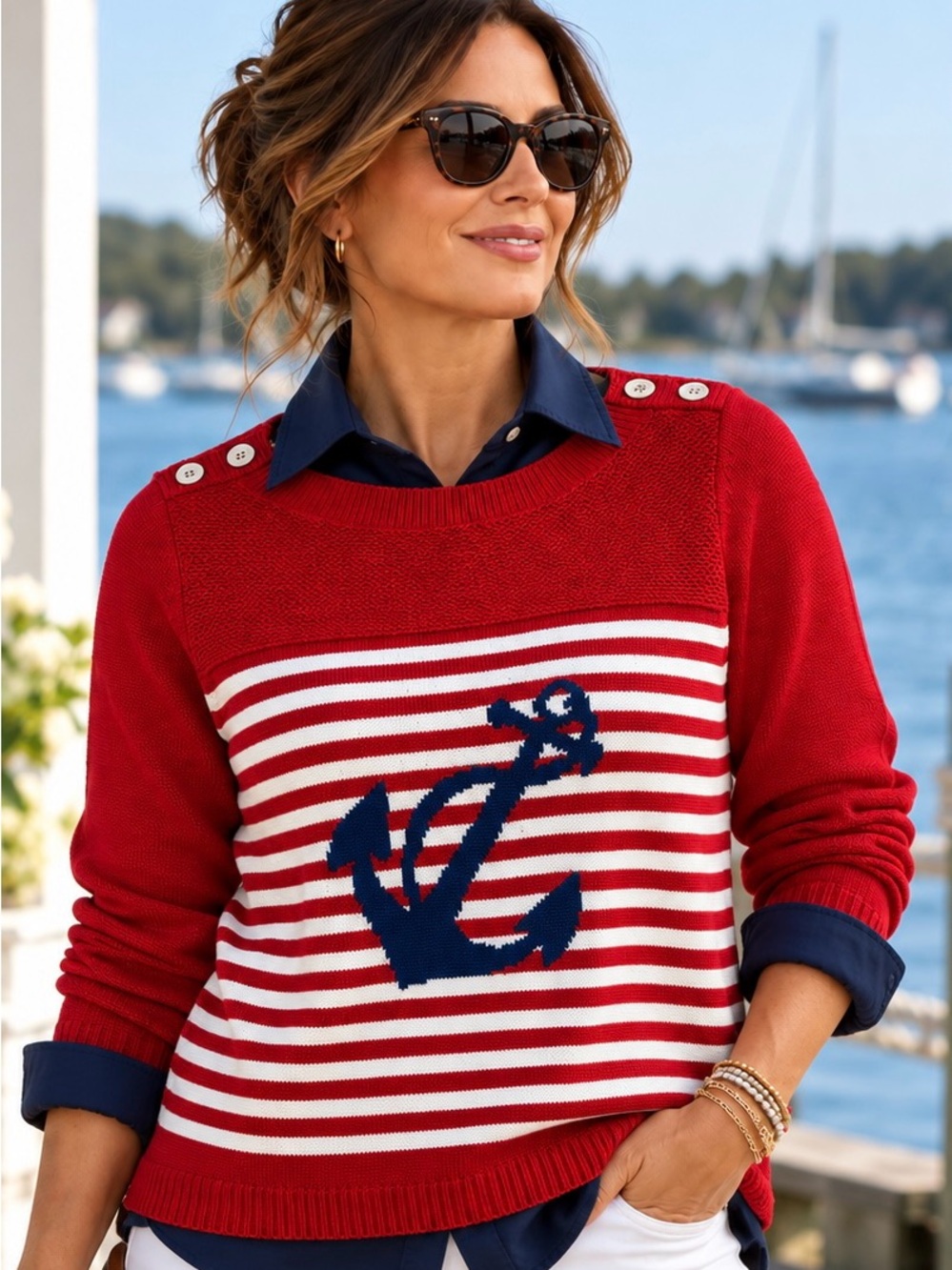 Talbots Women L Nautical Anchor Sweater Red White Striped Cotton Coastal Preppy